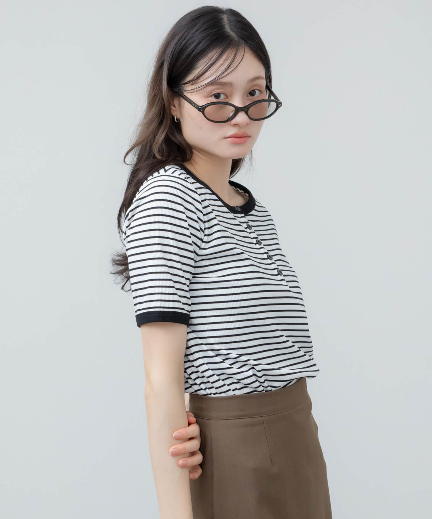 カットソー(長袖/七分) WIDE HENLEY NECK BORDER TOPS Henley Neck Border Tops | HEILIS
