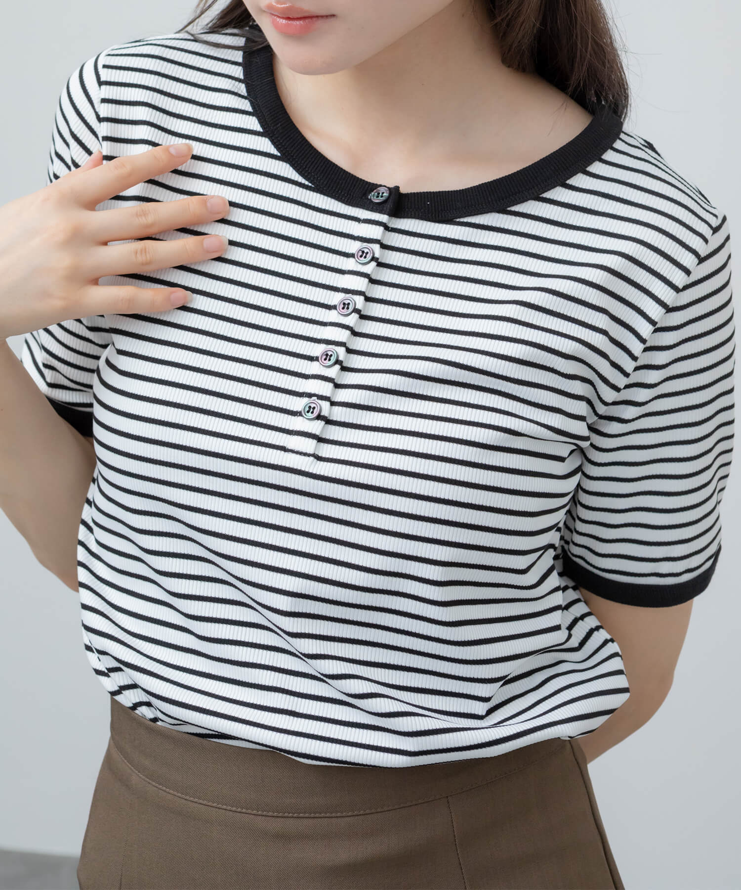 カットソー(長袖/七分) WIDE HENLEY NECK BORDER TOPS WETTEMPT tシャツ HENLEY NECK BORDER S/S TEE / ヘンリーネック